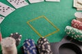 Two aces in a playerÃ¢â¬â¢s hands on the background of a poker table and chips. casino, poker, a pair of aces Royalty Free Stock Photo